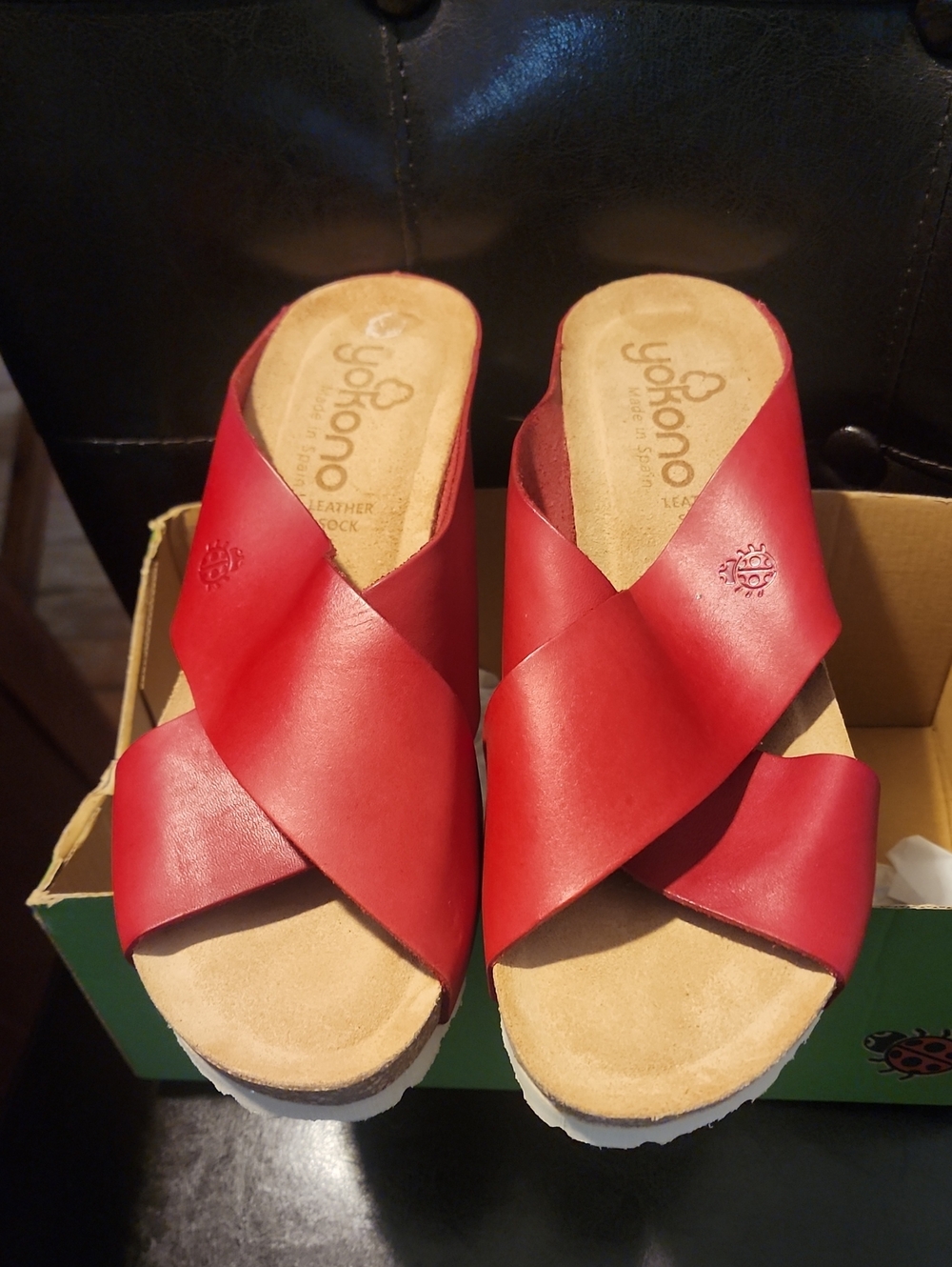 Yokono Red Leather Crisscross Slide Mules